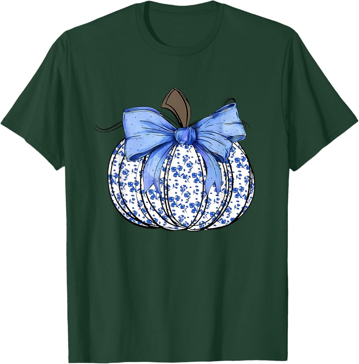 Blue Floral Pumpkin Fall Coquette Thanksgiving Halloween T-Shirt - T-Shirt | Forest