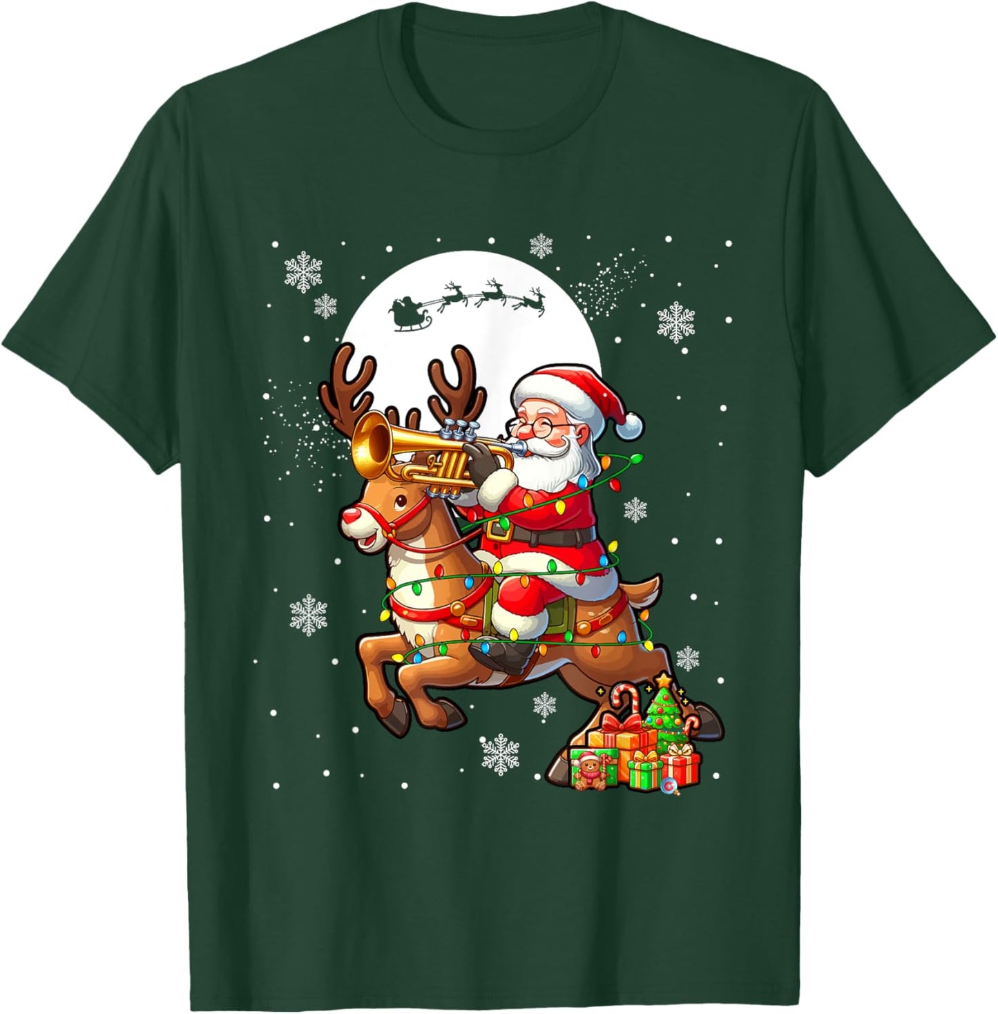 Santa Playing Trumpet On Reindeer Christmas Instrument T-Shirt - T-Shirt | Forest