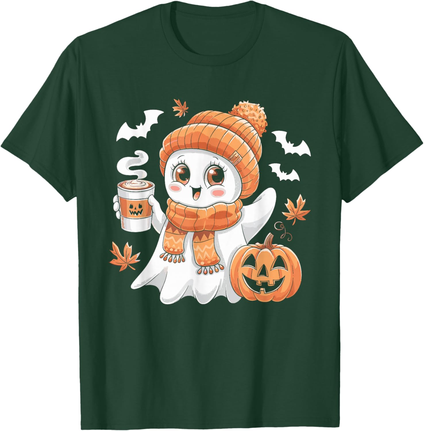 Cute Ghost Drinking Coffee Halloween Ghost Ice Coffee T-Shirt - T-Shirt | Forest