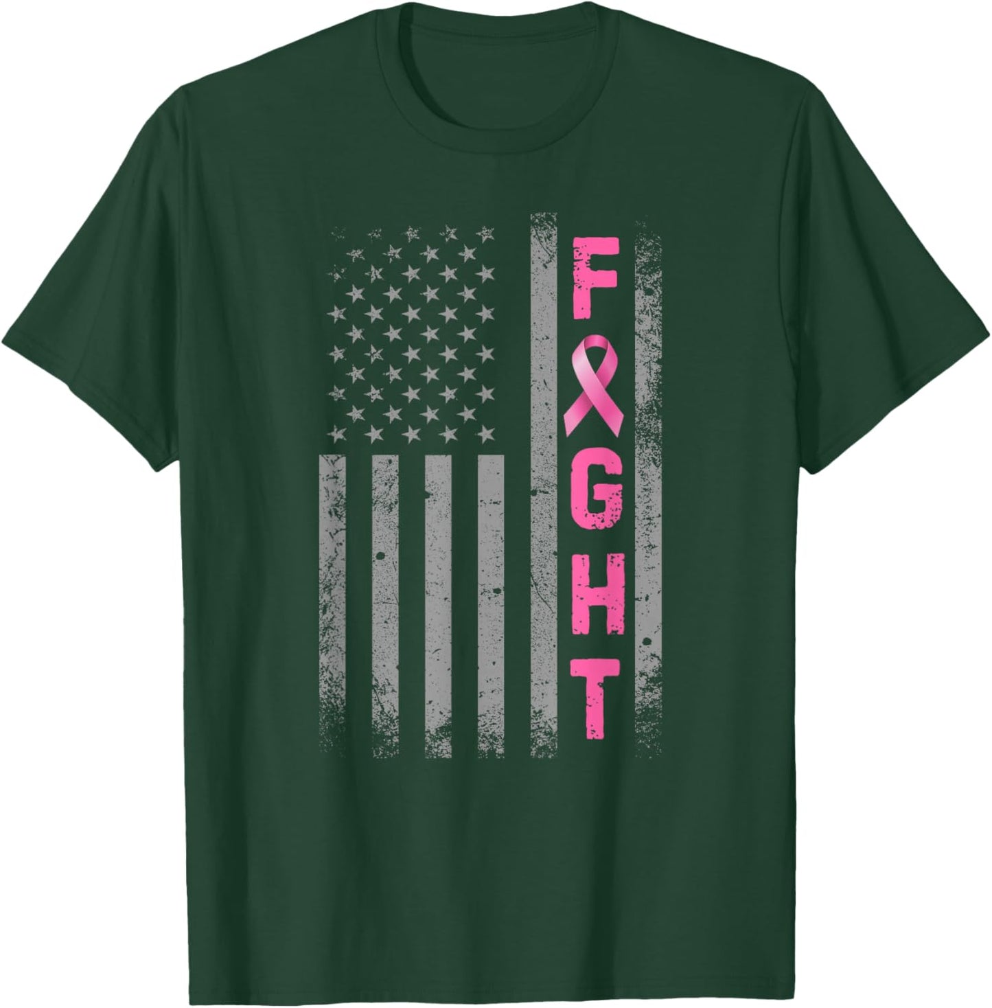 Fight Breast Cancer Awareness Pink Ribbon USA American Flag T-Shirt - T-Shirt | Forest