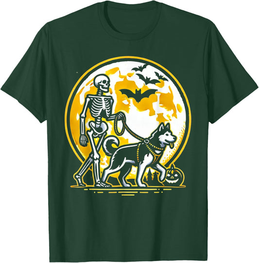 funny Siberian Husky Skeleton Dog Walking Halloween Costume T-Shirt - T-Shirt | Forest