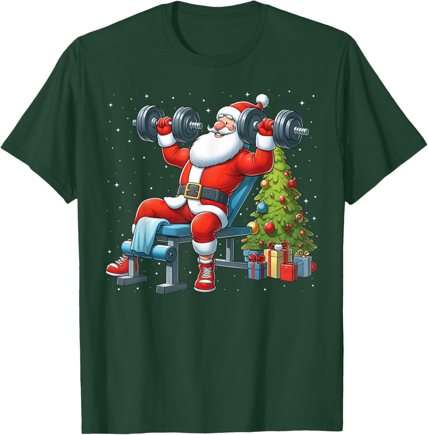 Santa Weightlifting Gym Workout Fitness Christmas Tree Xmas T-Shirt - T-Shirt | Forest