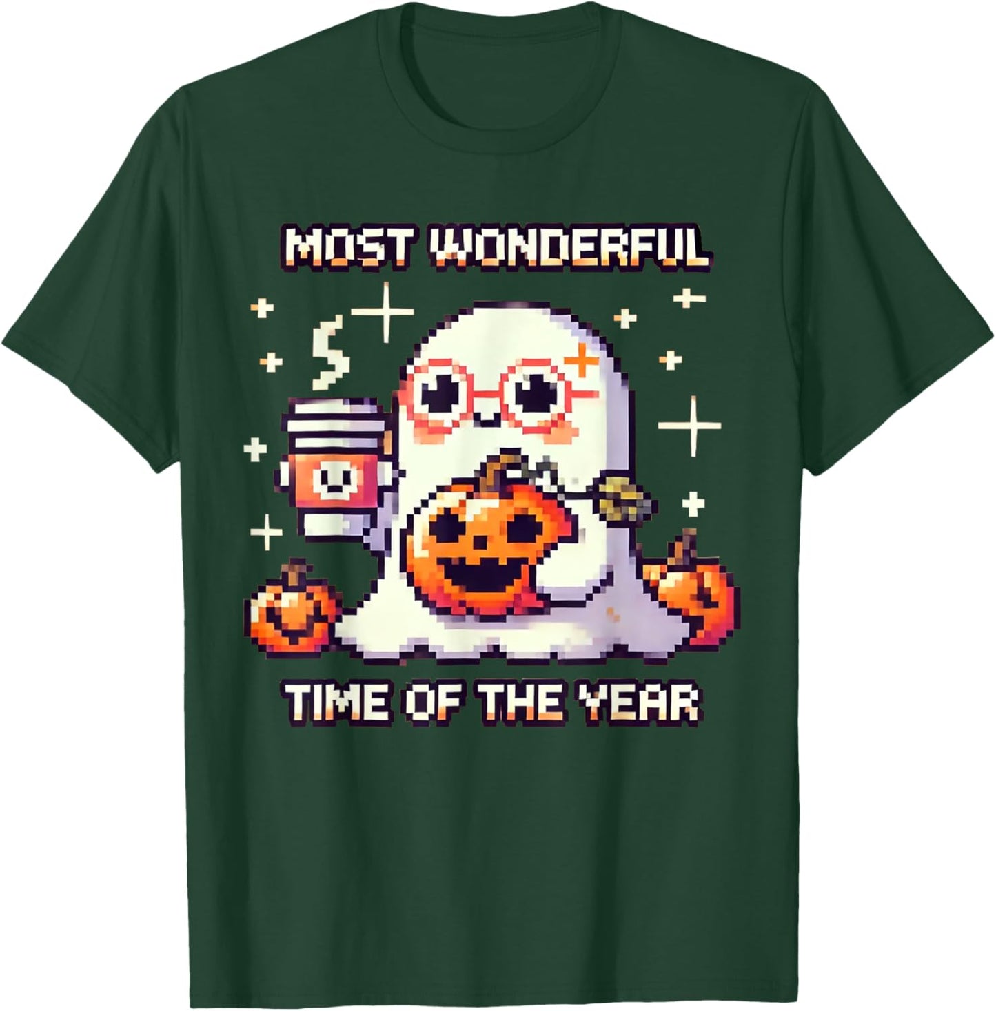 Halloween Pixel Ghost Drinking Coffee Lover Cute Ghost Gamer T-Shirt - T-Shirt | Forest