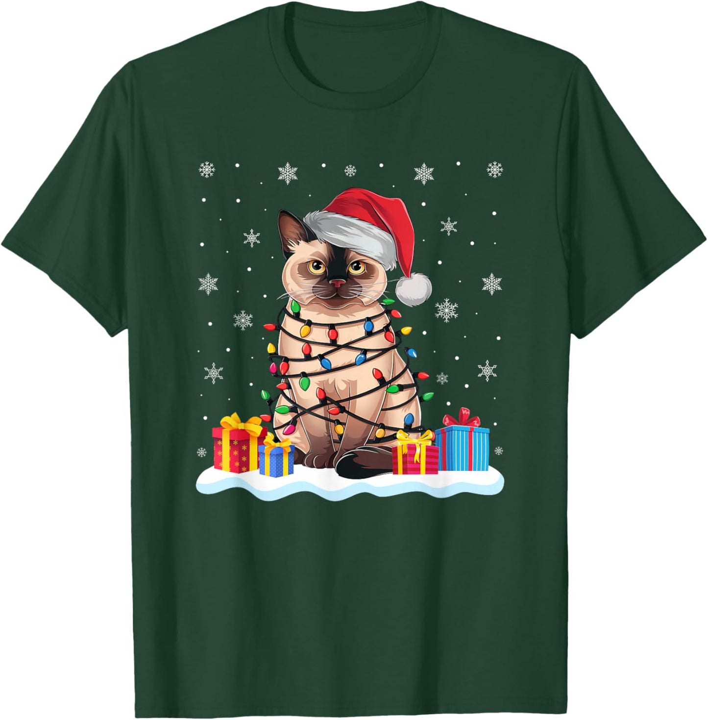Siamese Cat Santa Hat Christmas Tree Light Xmas Pajama T-Shirt - T-Shirt | Forest