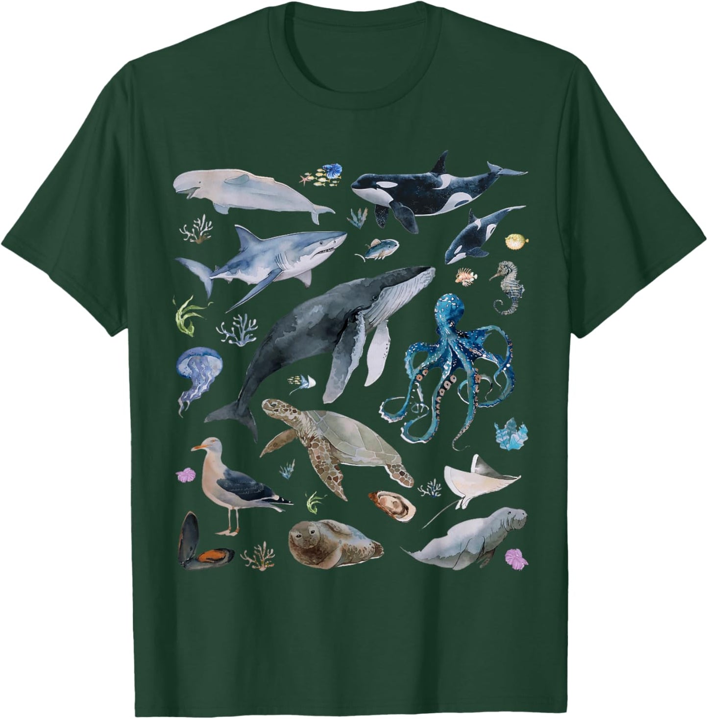 Vintage Ocean Animal Wildlife Shark Turtle Octopus Fish T-Shirt - T-Shirt | Forest