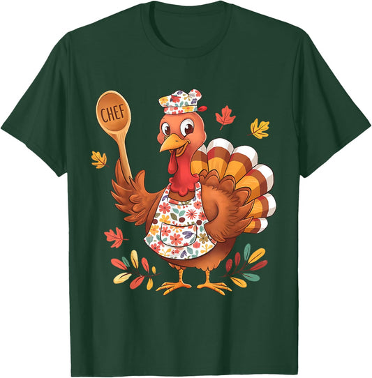 Funny Thanksgiving Chef Turkey Cute Fall Cooking Design T-Shirt - T-Shirt | Forest