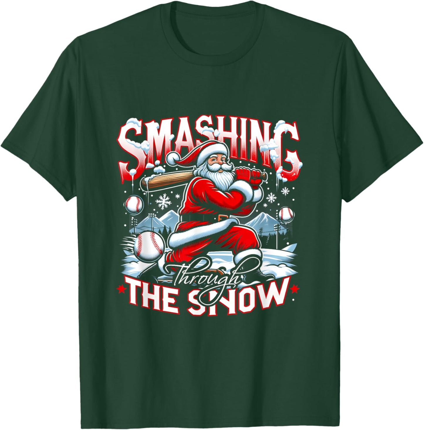 Baseball Player Christmas Santa Smashing Through Snow T-Shirt - T-Shirt | Forest