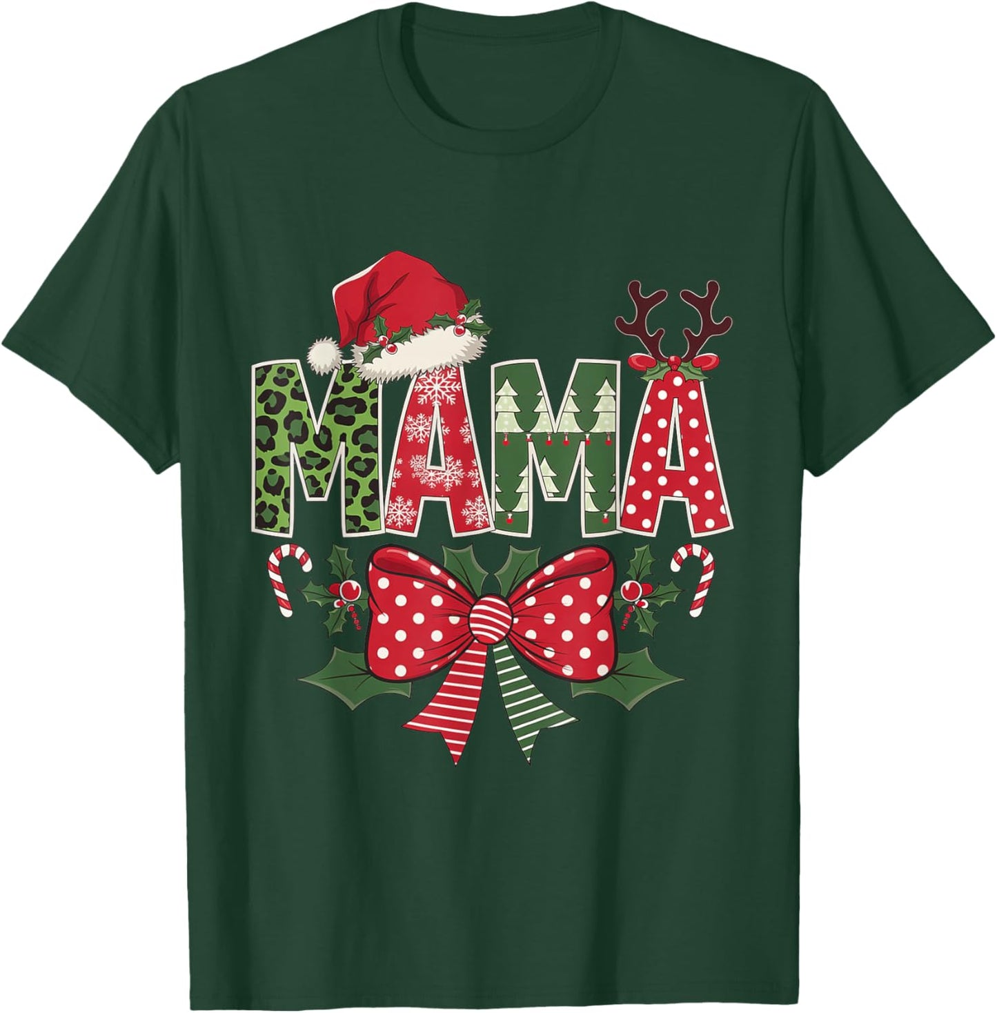 Mama Claus Santa Hat Coquette Bow Christmas Pajama Matching T-Shirt - T-Shirt | Forest