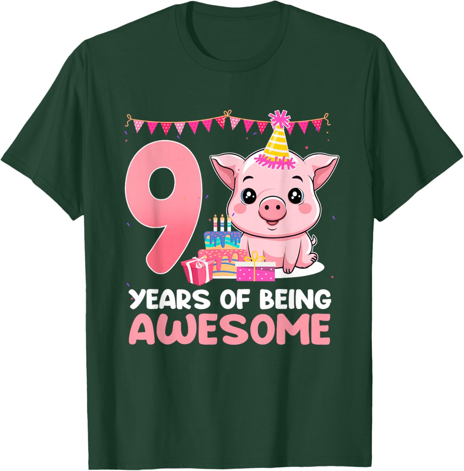 Kids 9 Years Of Being Awesome 9th Birthday Cute Pig T-Shirt - T-Shirt | Forest