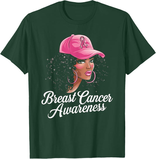 Breast Cancer Shirts for Black Women Hair Pink Hat T-Shirt - T-Shirt | Forest