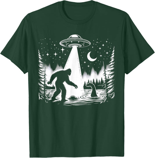 Cryptid Bigfoot, Loch Ness Monster, & UFO Alien Spaceship T-Shirt - T-Shirt | Forest