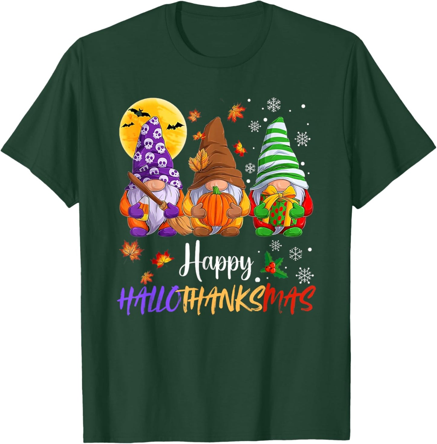 Happy Hallothanksmas Gnomes Lover Halloween Merry Christmas T-Shirt - T-Shirt | Forest