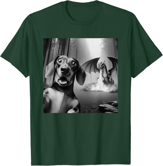 Funny Dachshund Selfie with dragon surprised Dachshund T-Shirt - T-Shirt | Forest