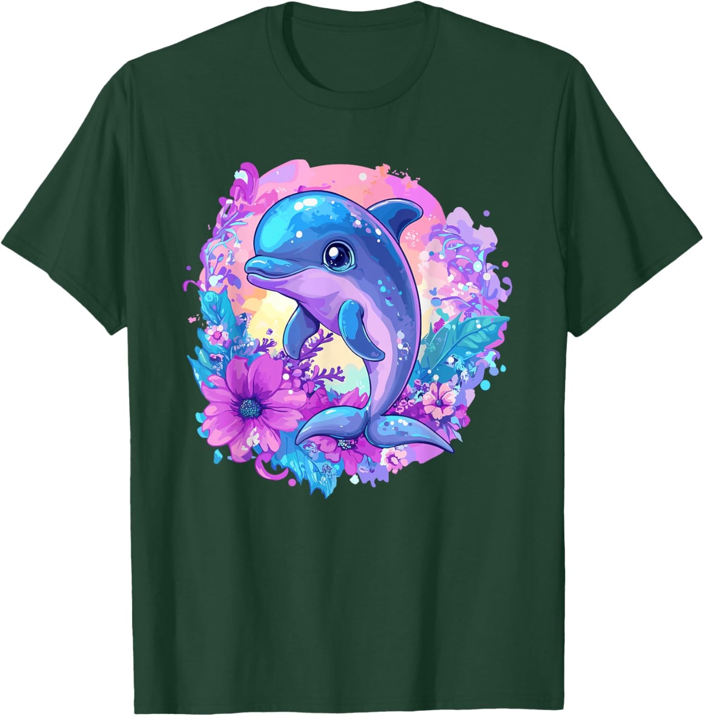 Playful Dolphin Surrounded By Flowers T-Shirt - T-Shirt | Forest