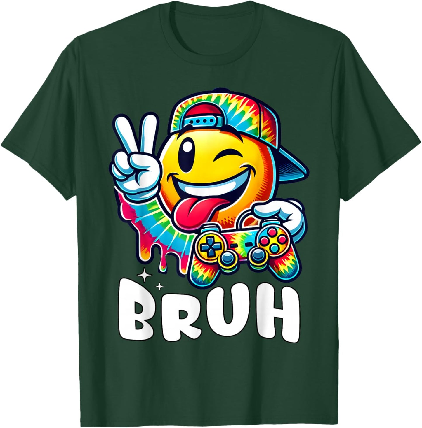 Groovy Tie Dye Gaming Funny Bruh Boys Peace Sign Gamer Kids T-Shirt - T-Shirt | Forest