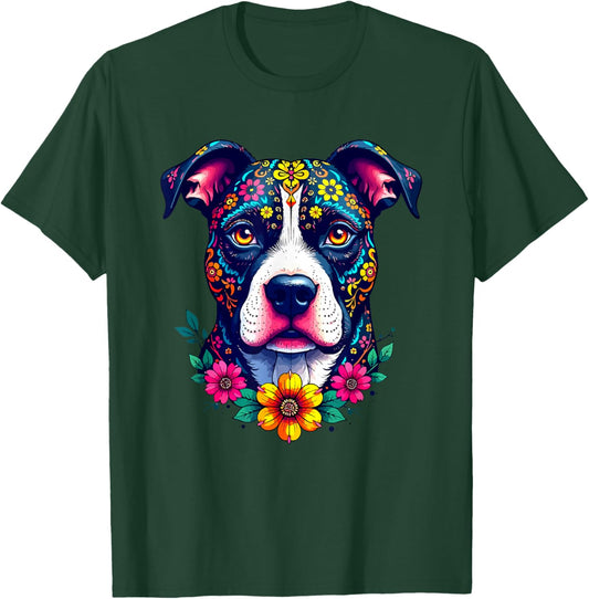 Mexican Sugar Skull Pitbull Dog Dia de Muertos Halloween Day T-Shirt - T-Shirt | Forest