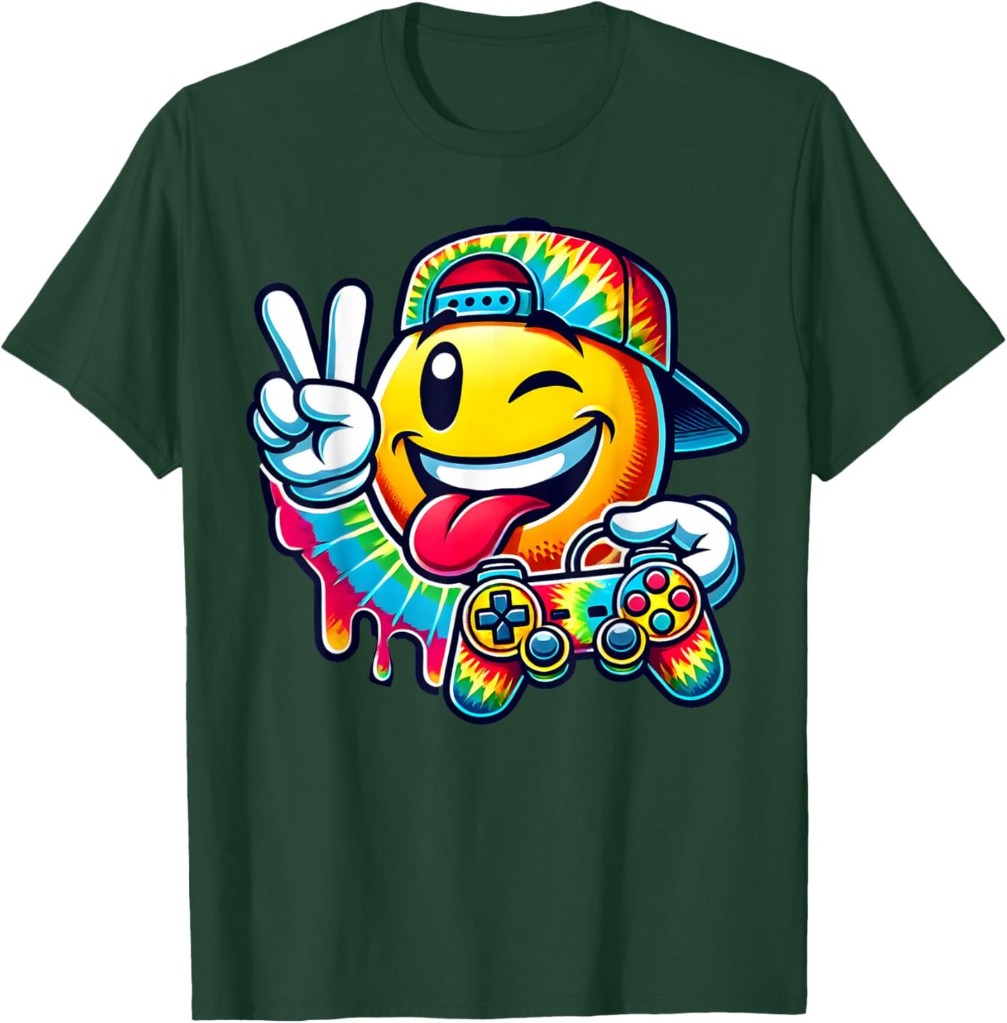 Groovy Tie Dye Gaming Boys 70s Retro Smile Peace Sign Gamer T-Shirt - T-Shirt | Forest