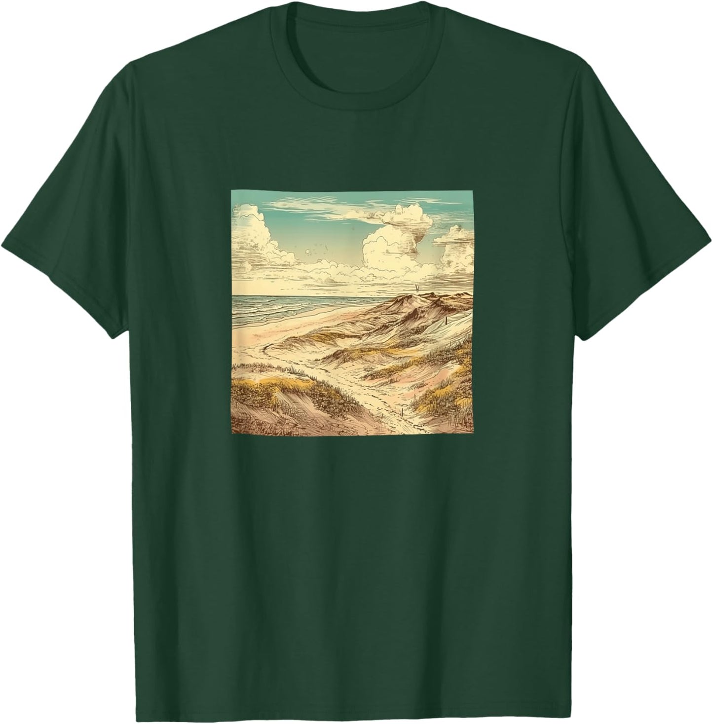 Sandy Beach With Dunes Vintage Landscape Graphic T-Shirt - T-Shirt | Forest