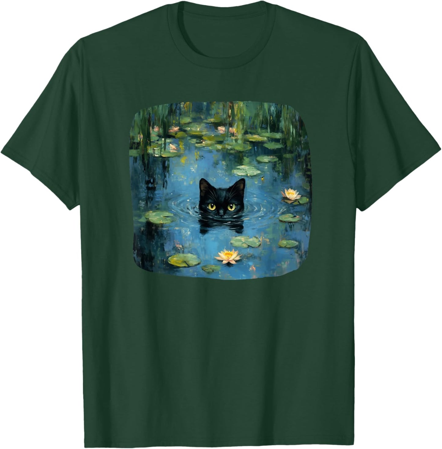 Mystical Black Cat Swimming in Waterlily Pond Art Lover Men Women Kids T-Shirt - T-Shirt | Forest