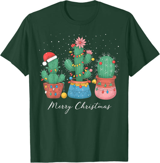Merry Christmas Cactus Tree Lights Cactus Lover Funny Xmas T-Shirt - T-Shirt | Forest