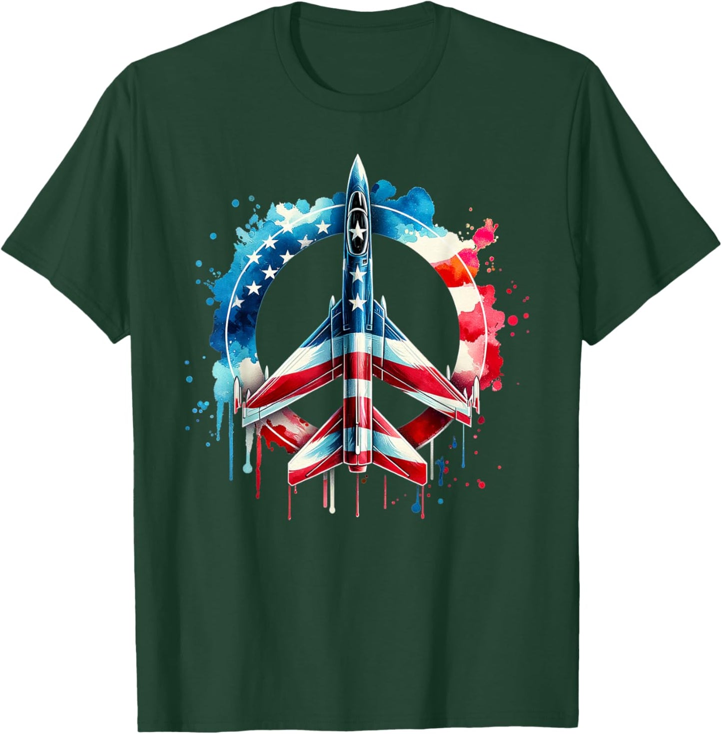 Flying Jet American Flag Peace Sig USA Patriotic July 4th T-Shirt - T-Shirt | Forest