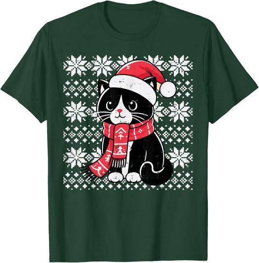 Christmas Tuxedo Cat Santa Scarf Ugly Xmas Women Girls Kids T-Shirt - T-Shirt | Forest