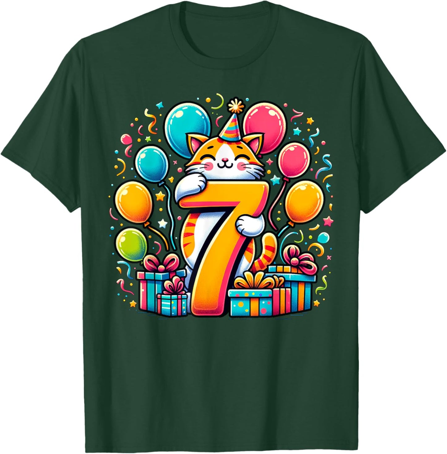 Cat 7th birthday boy girl 7 years old seventh seven Cat T-Shirt - T-Shirt | Forest