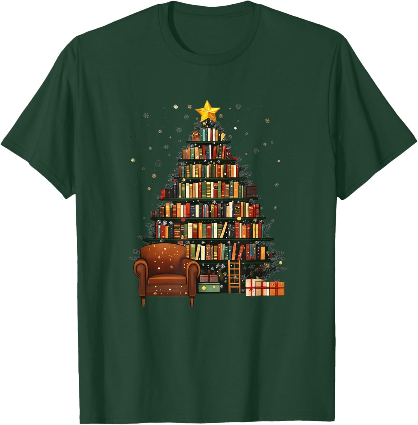 Christmas Tree Bookshelf - Book Lover Library T-Shirt - T-Shirt | Forest