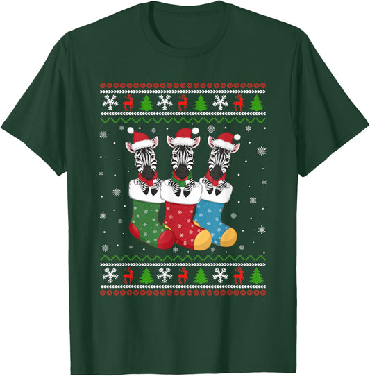 Ugly Xmas Sweater Zebra In Christmas Socks T-Shirt - T-Shirt | Forest