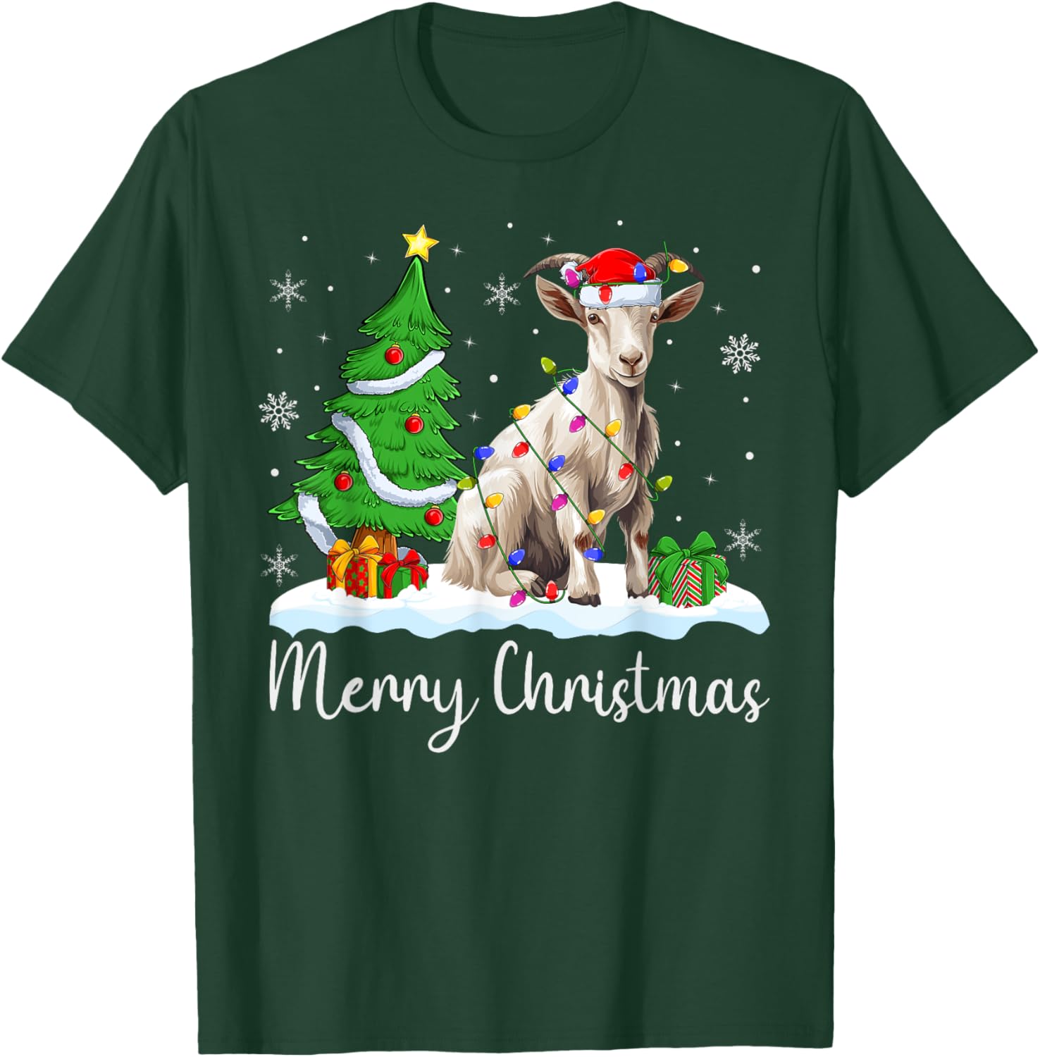 Goat Xmas Lighting Santa Hat Goat Merry Christmas Tree T-Shirt - T-Shirt | Forest