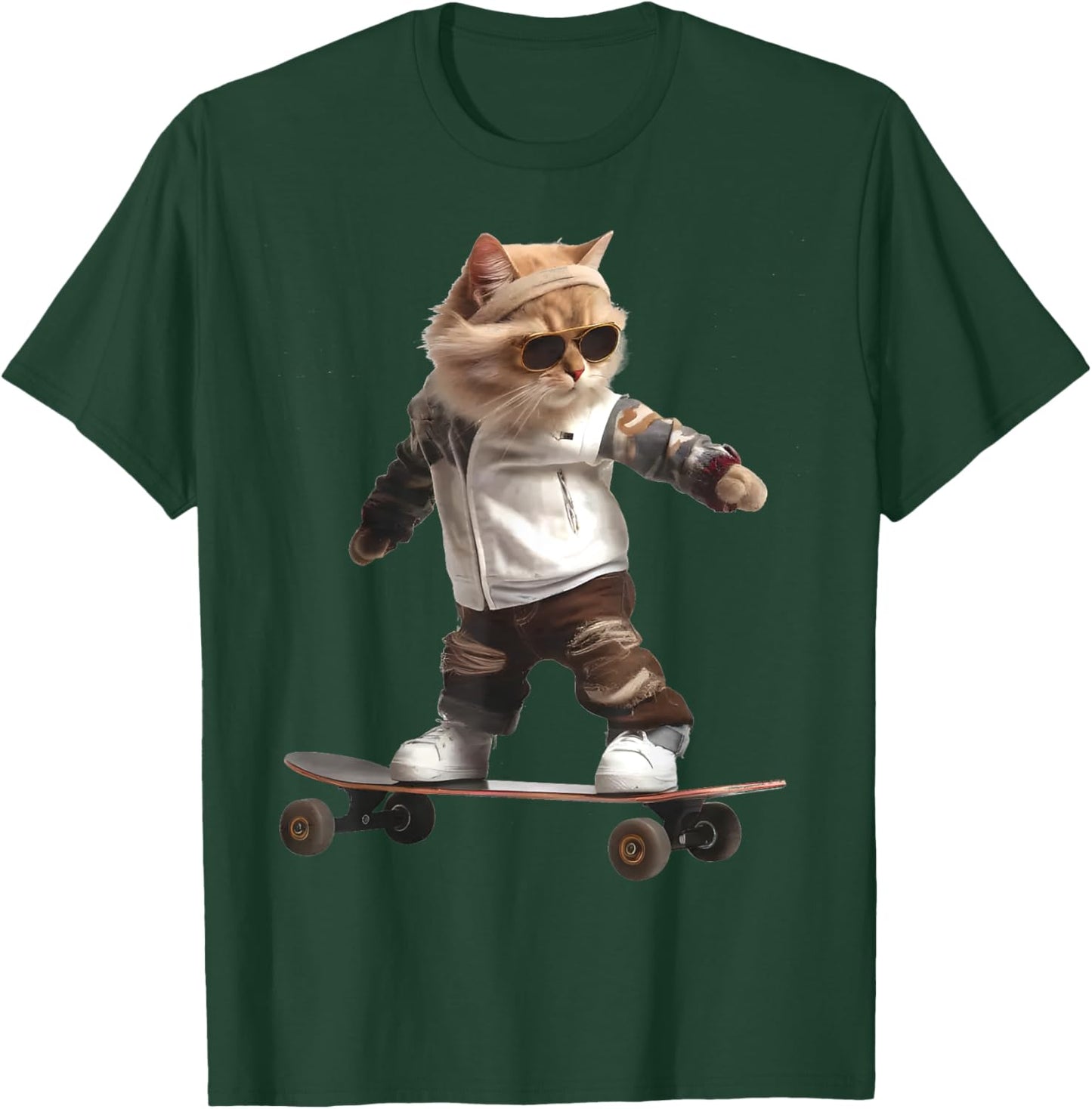 Cat On A Skateboard Funny Stylish Riding Cat In Skatepark Men Women Kids T-Shirt - T-Shirt | Forest