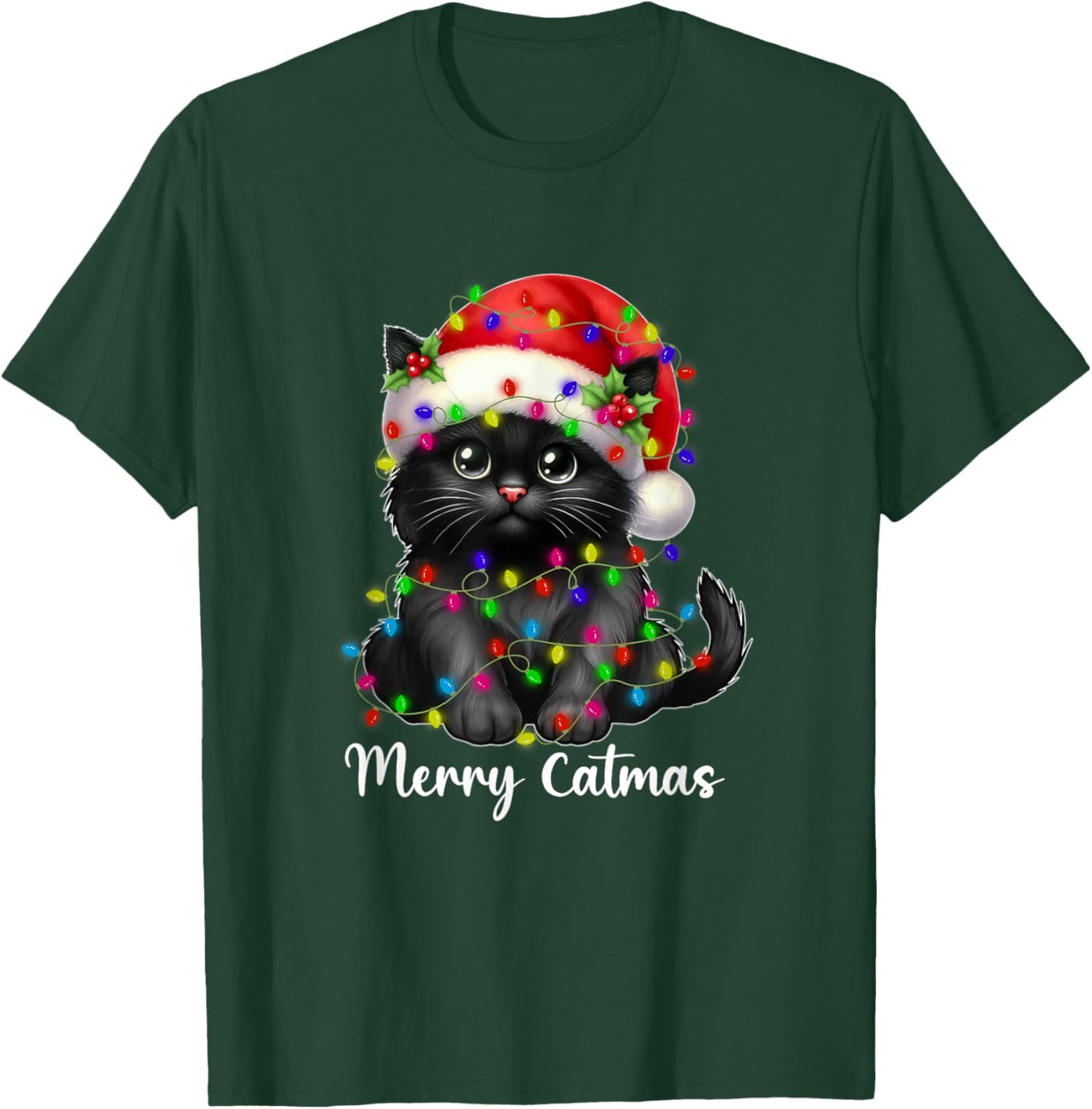 Merry Catmas Black Cat Christmas Light Xmas Family Men Women T-Shirt - T-Shirt | Forest