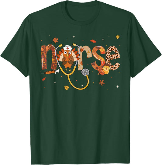 Thanksgiving Nurse Shirts Women Girls Turkey Fall Scrub Top T-Shirt - T-Shirt | Forest