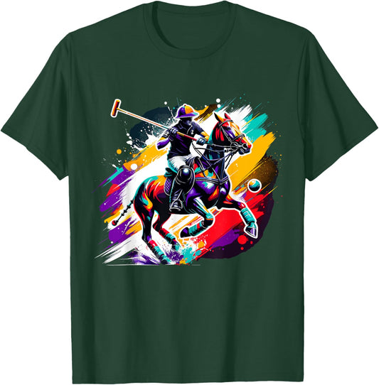 Colorful Polo Player on Horse Equestrian T-Shirt - T-Shirt | Forest