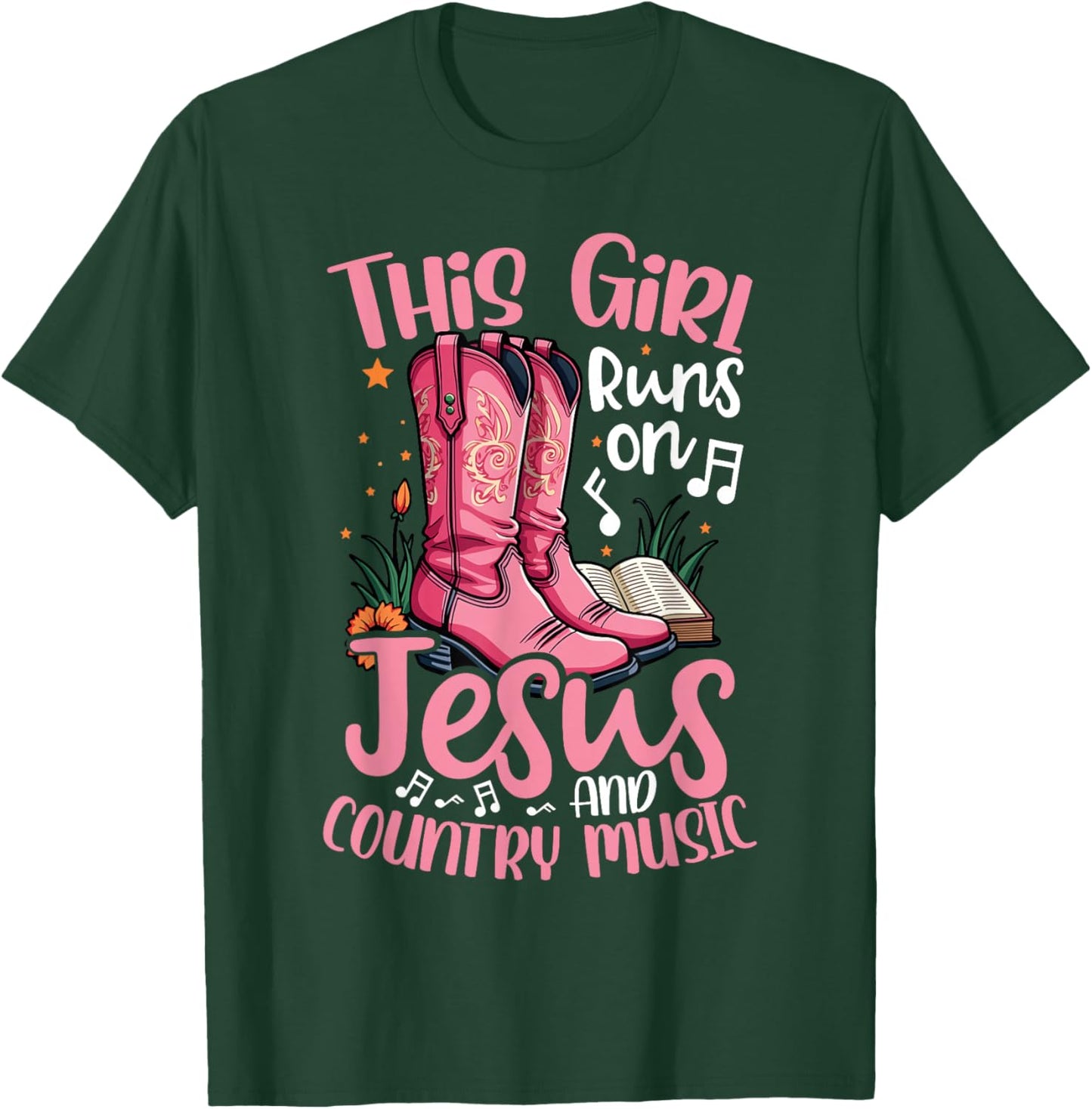 This Girl Runs on Jesus and Country Music Pink Cowboy Boots T-Shirt - T-Shirt | Forest