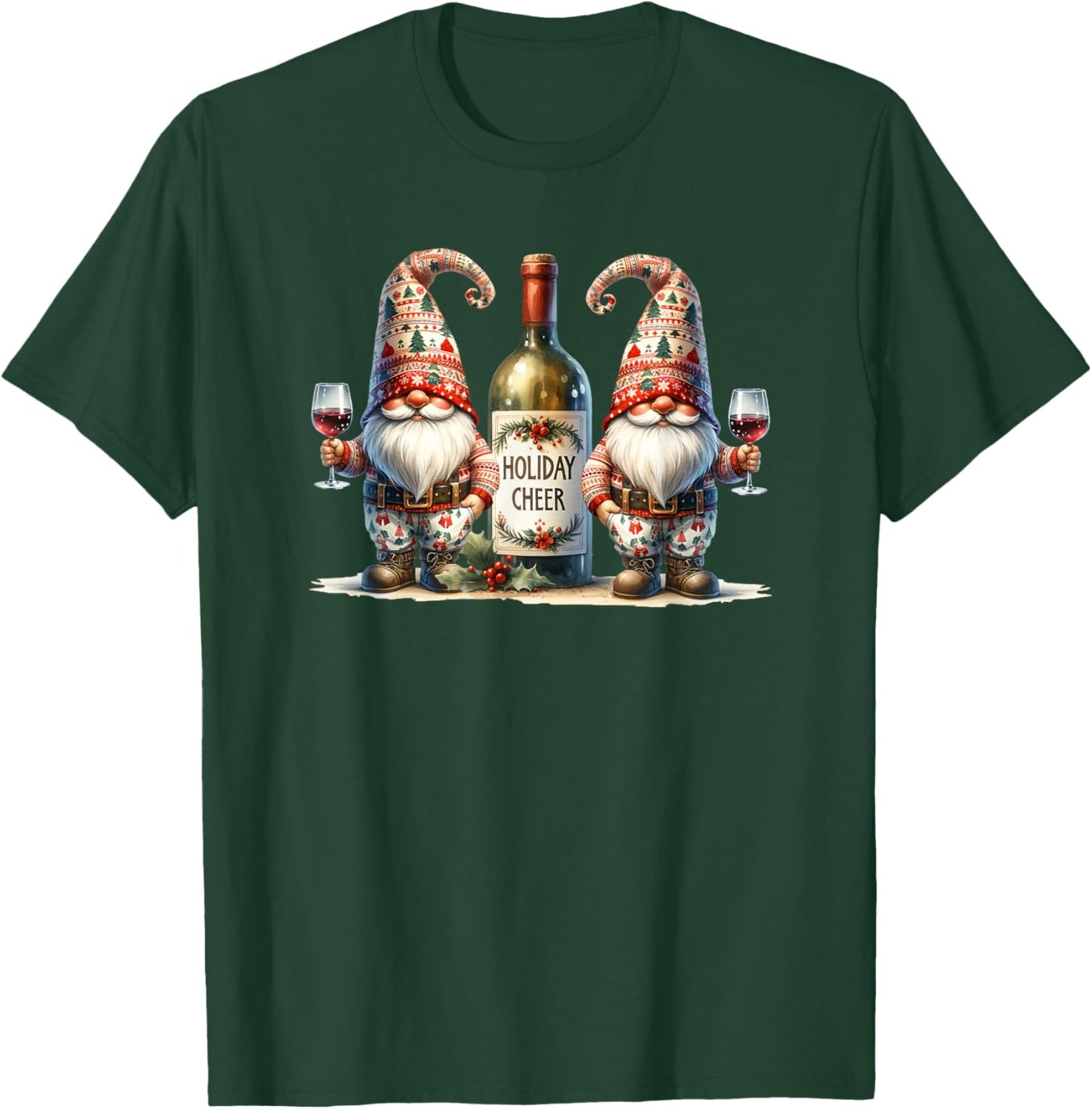 Christmas Wine Santa Gnomes For Xmas Holiday Cheer T-Shirt - T-Shirt | Forest
