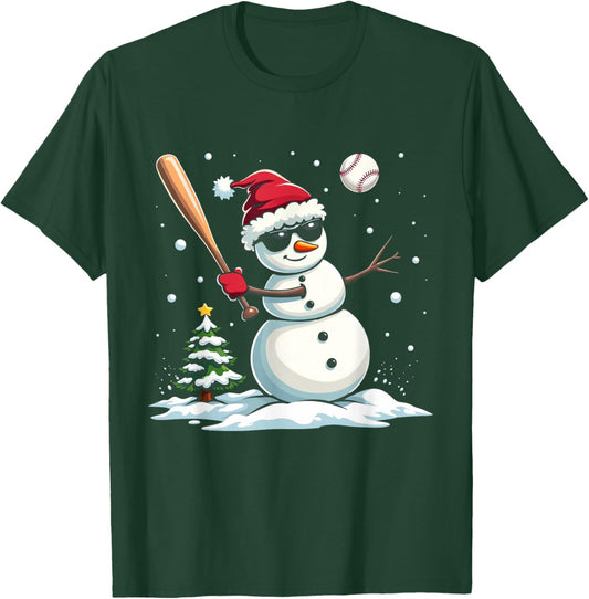 Baseball Christmas Funny Snowman Playing Baseball Xmas T-Shirt - T-Shirt | Forest
