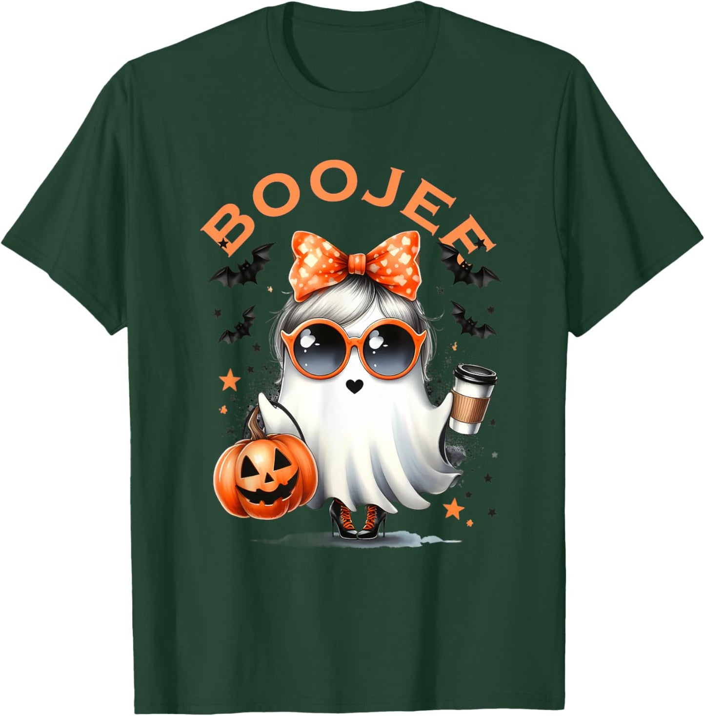 Boo JEE Ghost with Coffee Coquette Bow Halloween Women Girl T-Shirt - T-Shirt | Forest