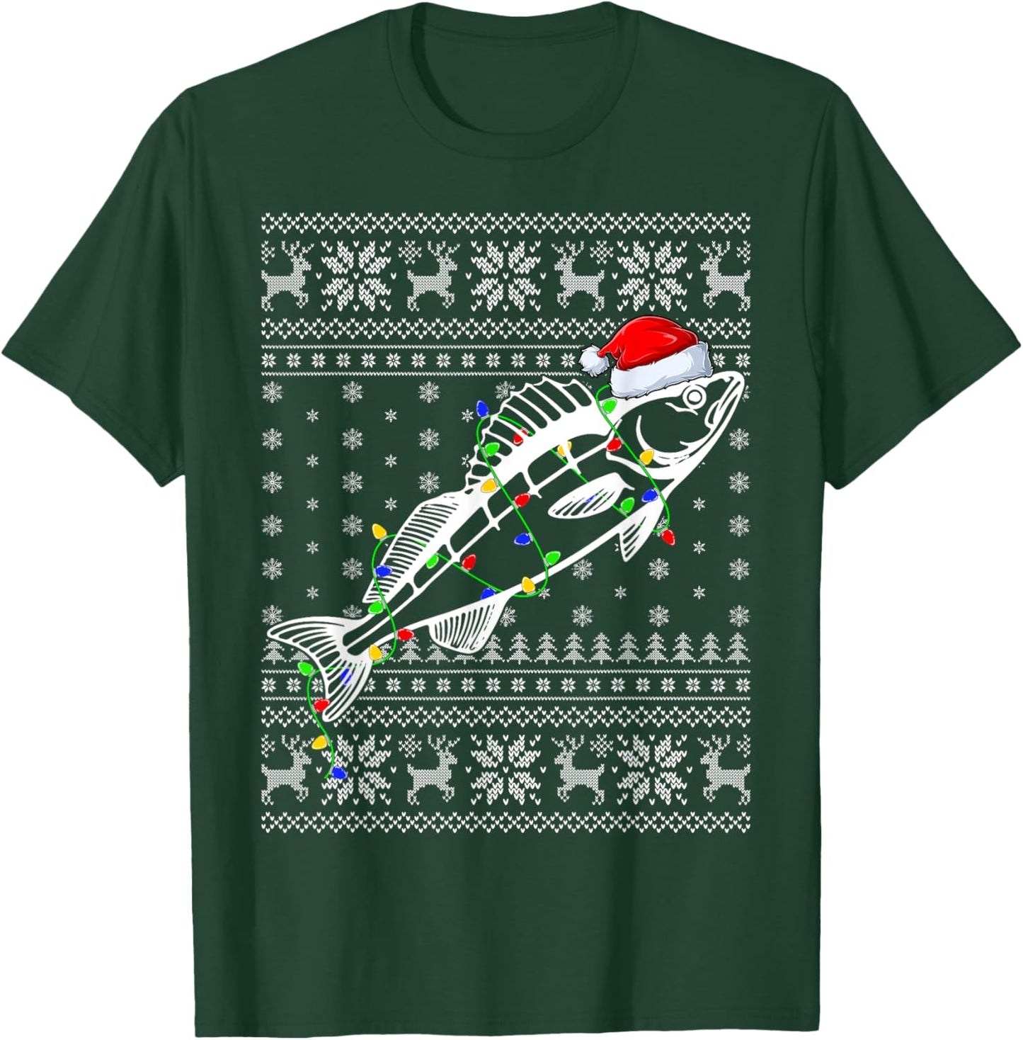 Ugly Sweater Xmas Lights Santa Hat Walleye Fish Christmas T-Shirt - T-Shirt | Forest