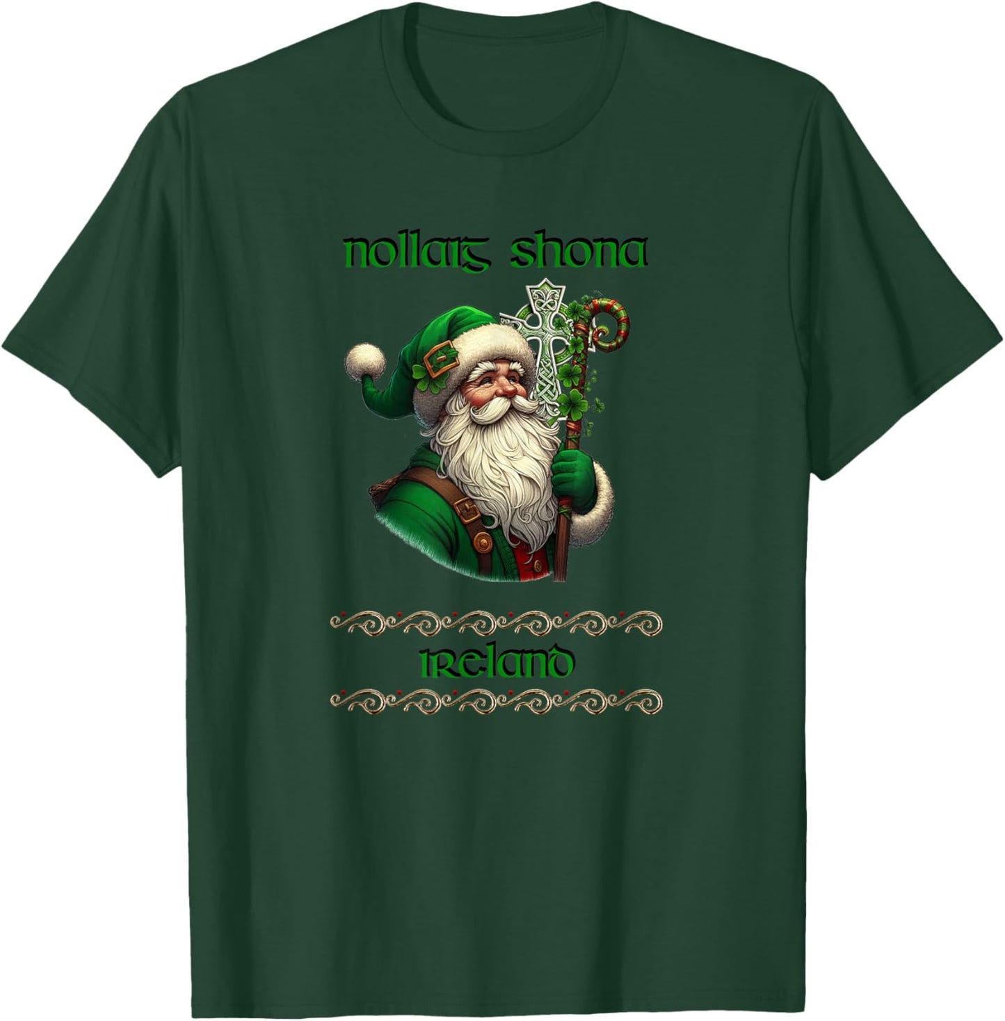 Irish Santa & Celtic Cross Christmas T-Shirt - T-Shirt | Forest