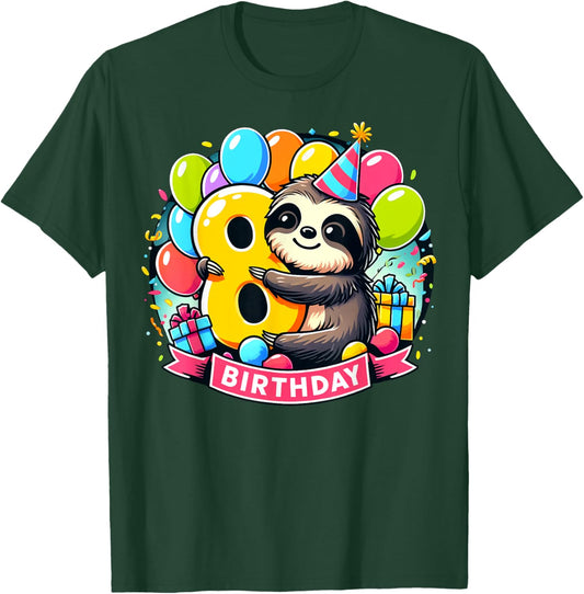 Kids Sloth Theme eighth Bday Party 8th Sloth Birthday T-Shirt - T-Shirt | Forest