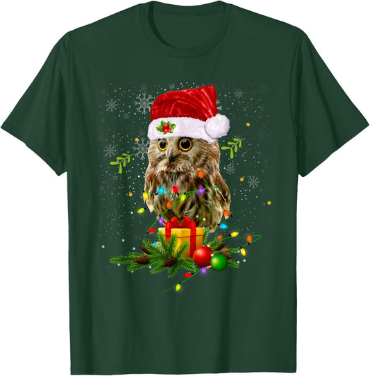 Cute Owl Christmas Light Santa Hat Snow Xmas Holiday Costume T-Shirt - T-Shirt | Forest