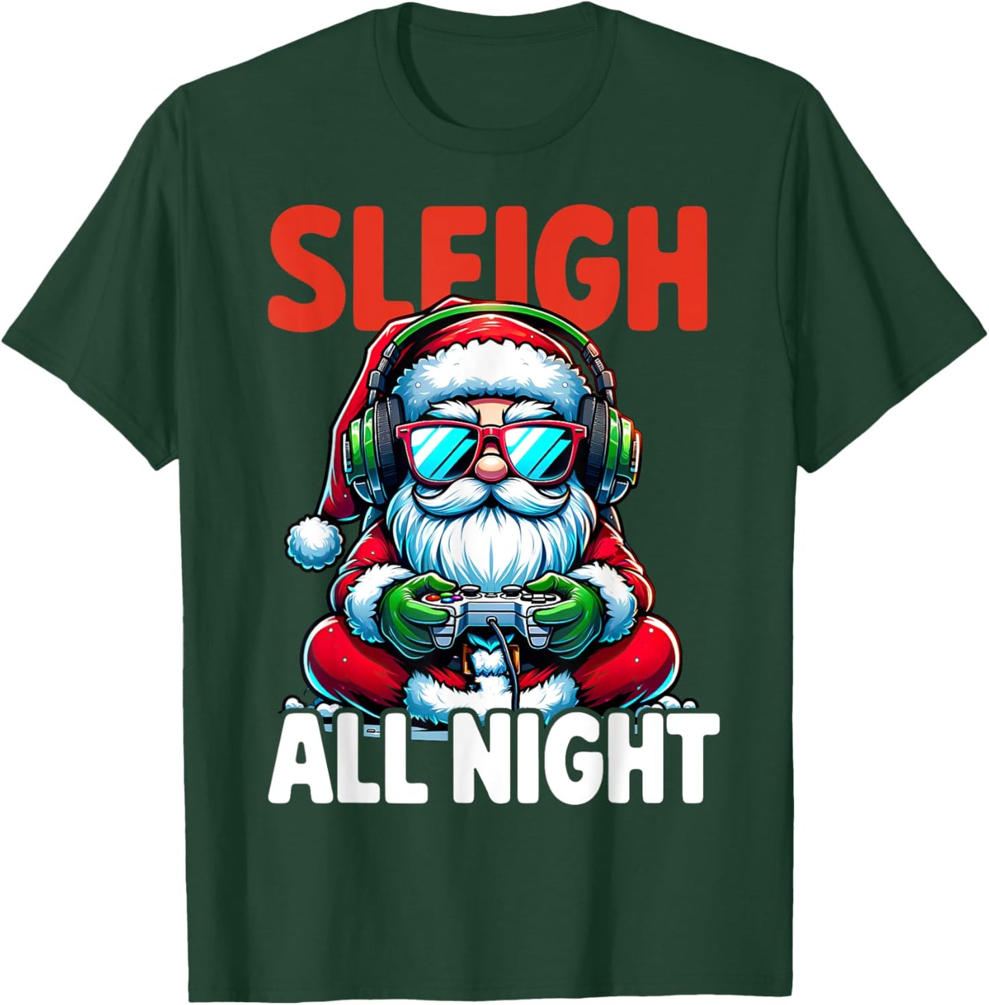 Christmas Gamer Boys Sleigh All Night Video Game Santa Xmas T-Shirt - T-Shirt | Forest