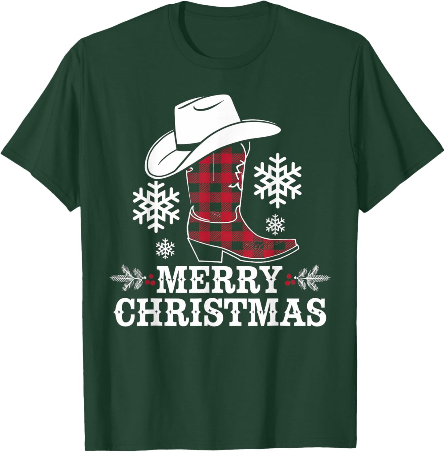 Christmas Cowboy Boot Plaid Xmas Western Country Cowgirl T-Shirt - T-Shirt | Forest