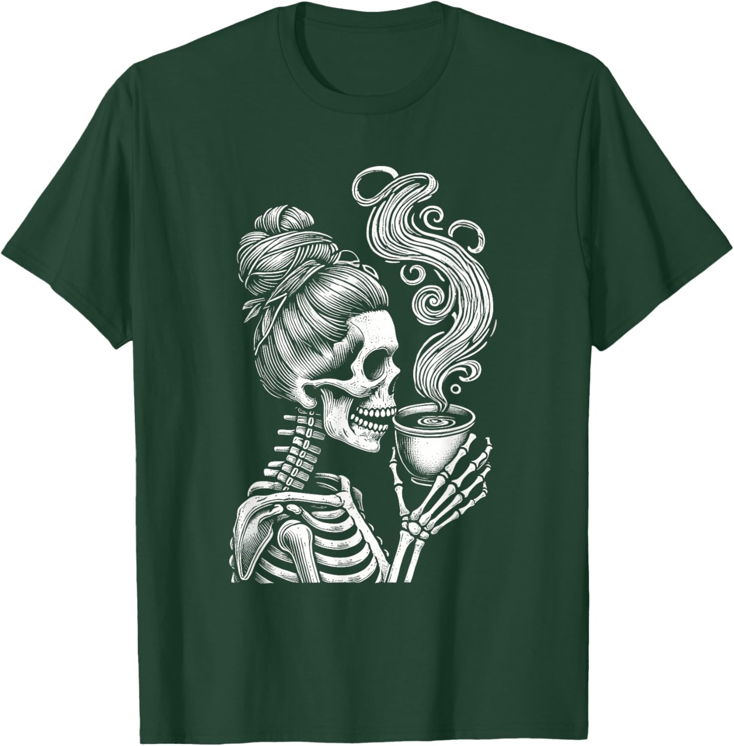 Messy Bun Skeleton Drinking Coffee Funny Halloween Costume T-Shirt - T-Shirt | Forest
