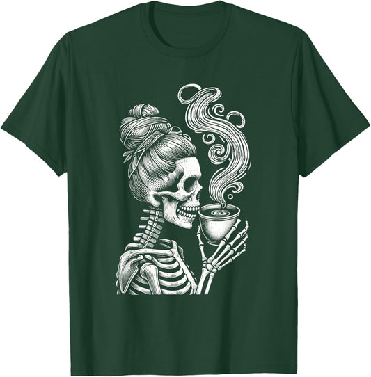 Messy Bun Skeleton Drinking Coffee Funny Halloween Costume T-Shirt - T-Shirt | Forest