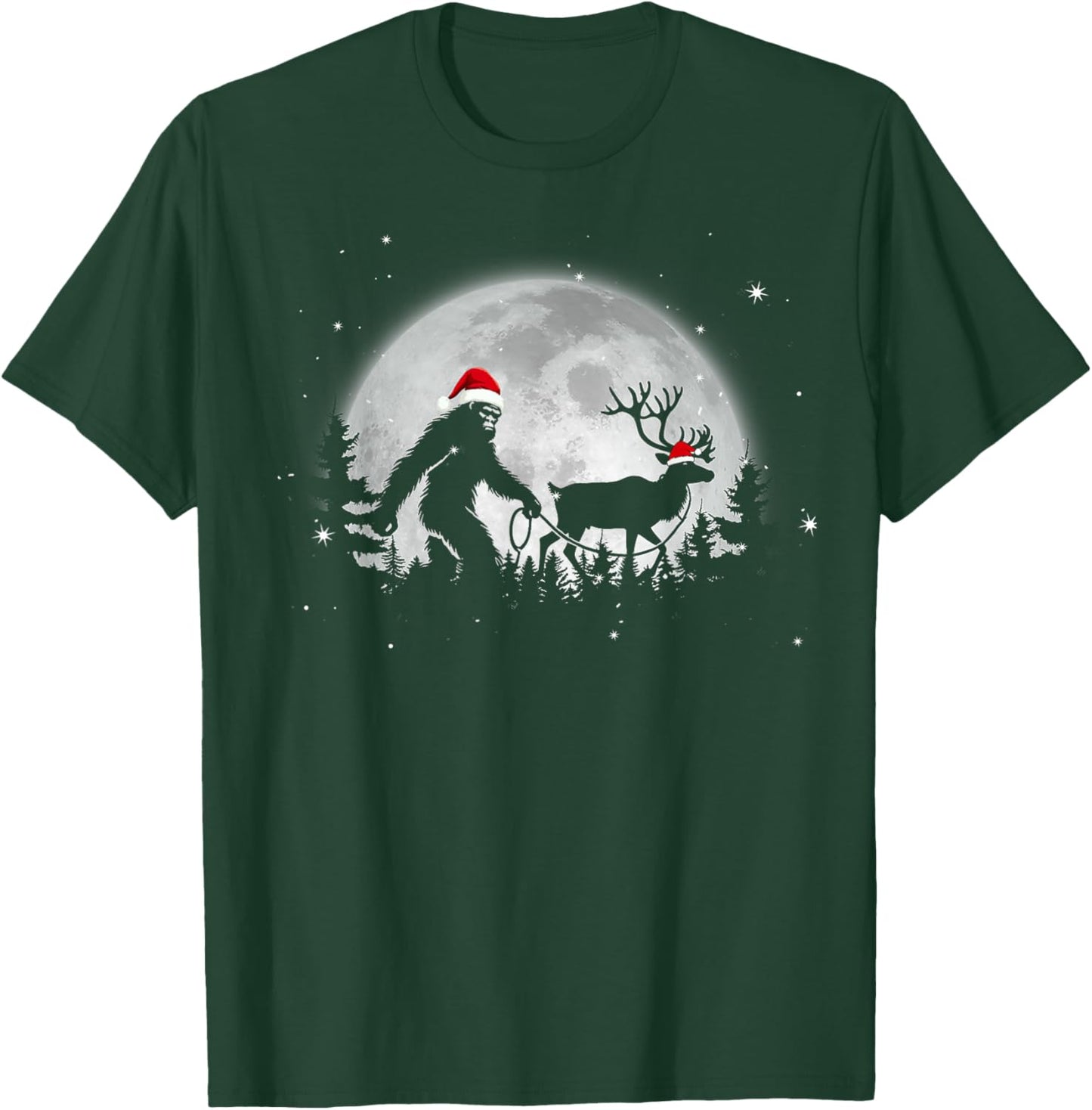 Funny Bigfoot Walking Reindeer Full Moon Christmas Sasquatch T-Shirt - T-Shirt | Forest