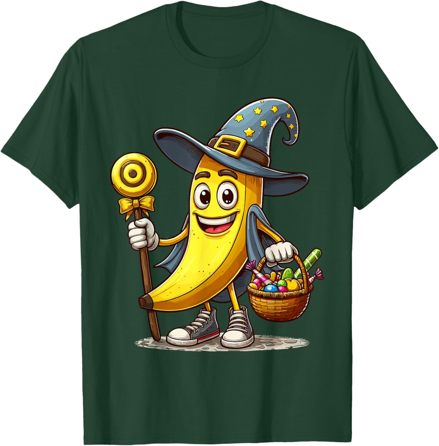 Funny Banana Witch Halloween Hat Holding Candy Halloween T-Shirt - T-Shirt | Forest