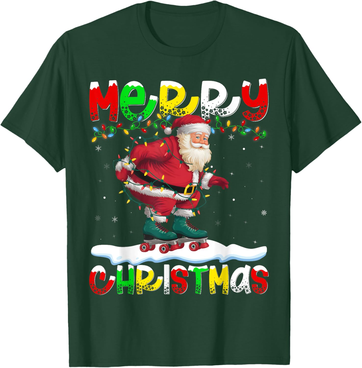 Xmas Lighting Roller Skating Santa Merry Christmas T-Shirt - T-Shirt | Forest