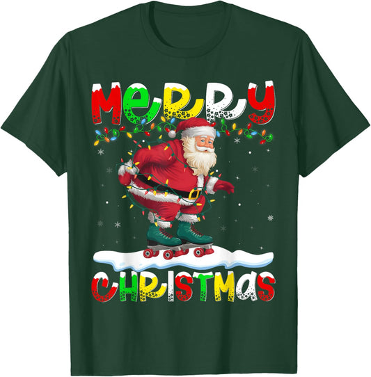 Xmas Lighting Roller Skating Santa Merry Christmas T-Shirt - T-Shirt | Forest
